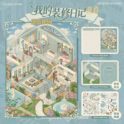 Miniature European-style villa scene sticker set with floral garden and cozy interiors