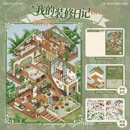 Miniature house scene sticker set with detailed floral garden, cozy rooms, and window designs.