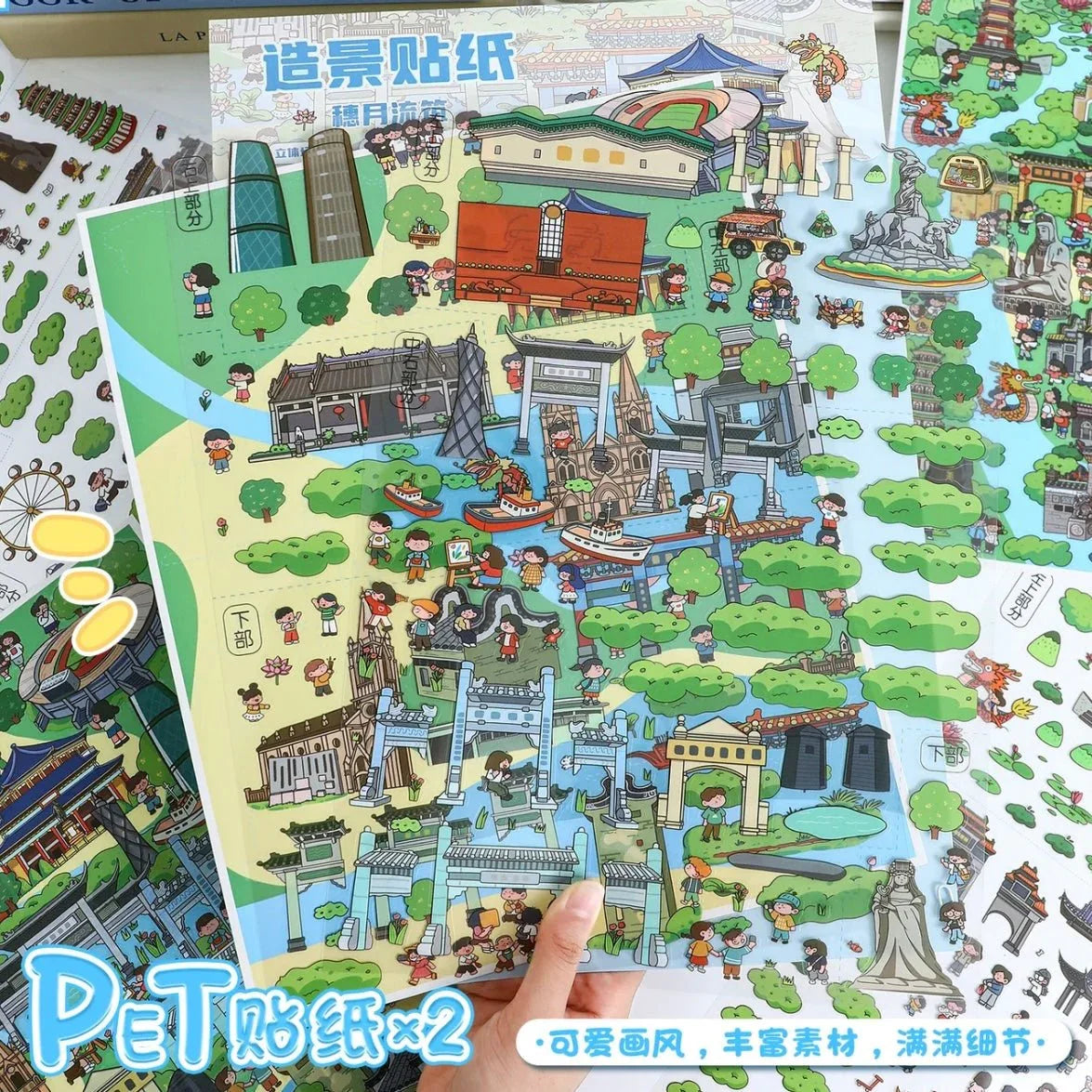 Colorful city scene sticker sheets with cartoon buildings, temples, and playful characters