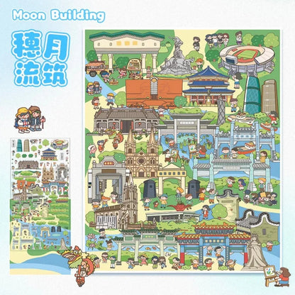 Cute city landmarks sticker sheet featuring temples, bridges, stadium, and families exploring.