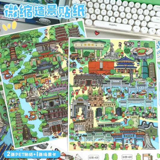 Colorful city scene stickers with cartoon buildings, temples, and people for journaling or crafts.