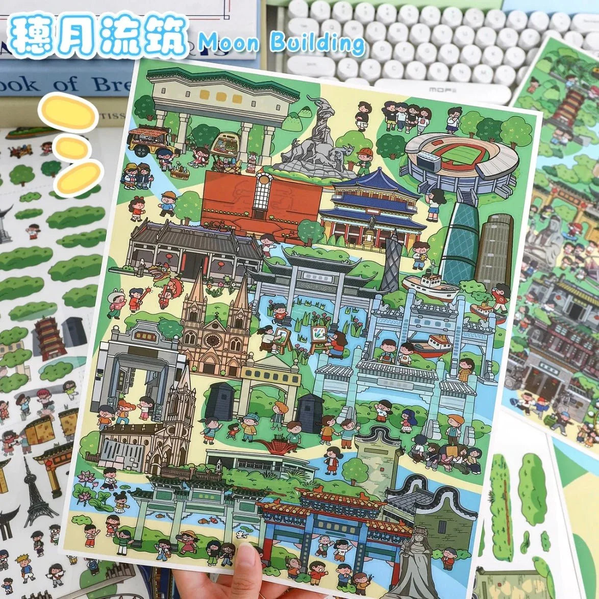 Colorful city architecture stickers sheet with cartoon buildings, temples, and people