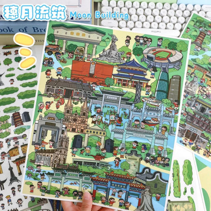 Colorful city architecture stickers sheet with cartoon buildings, temples, and people