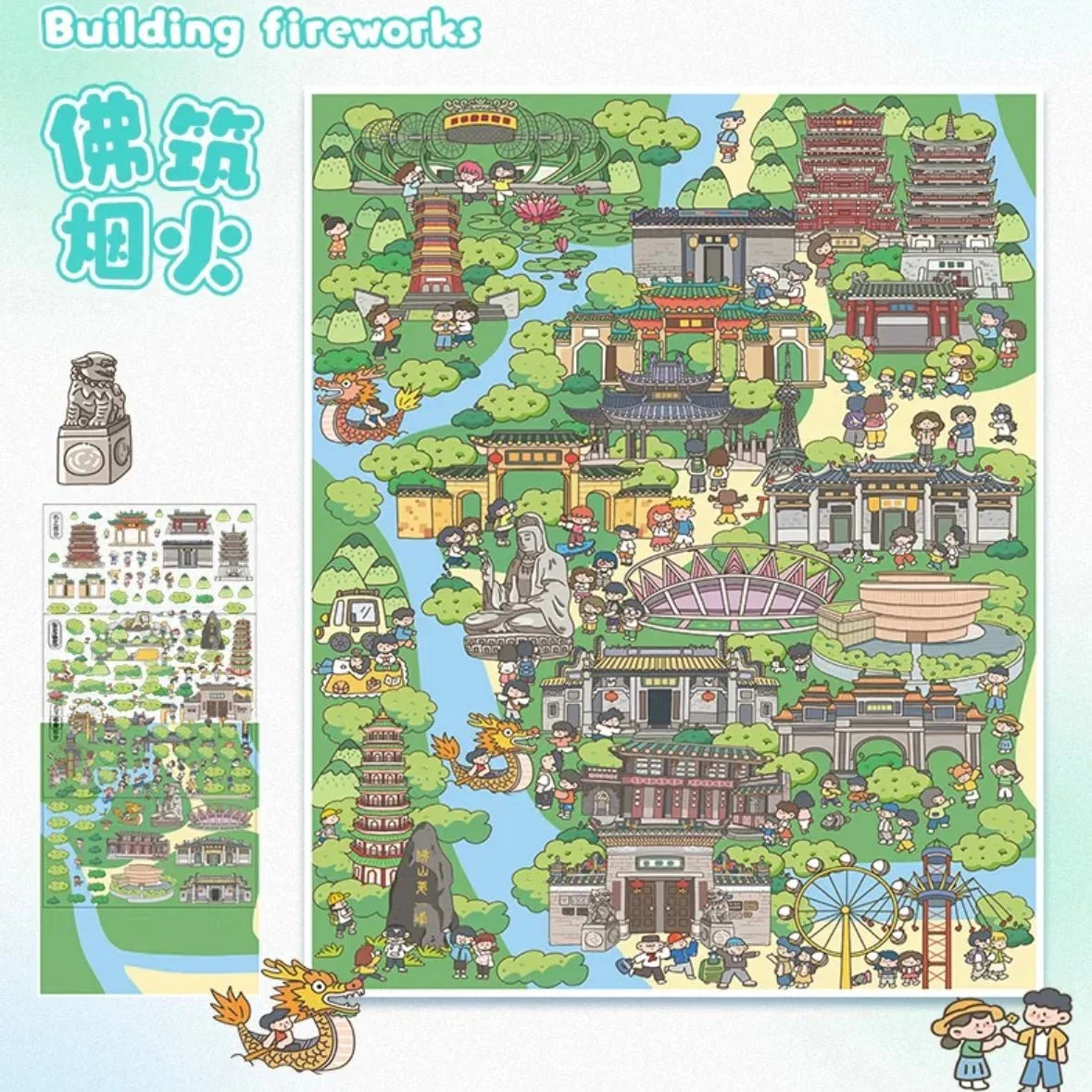 Colorful city scene sticker sheet with temples, pagodas, statues, and cute cartoon people.