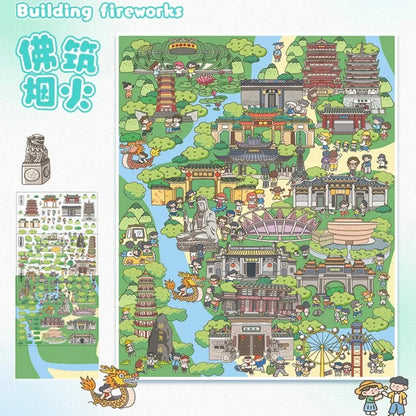 Colorful city scene sticker sheet with temples, pagodas, statues, and cute cartoon people.
