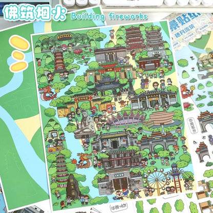 Colorful scene sticker sheet featuring cartoon temples, city landmarks, and people in a vibrant park setting.