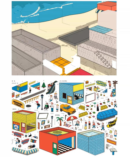 Miniature comic street scene sticker set with buildings, shops, people, beach, and props