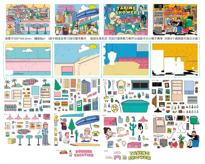 Colorful American comic-style miniature scene stickers for journaling and scrapbooking, featuring bar, coffee shop, bathroom, and gaming room designs with various decorative elements.