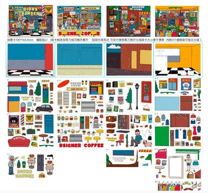 American comic scene stickers set featuring cartoon barber shop, café, magazine stand, and street decor for journaling and scrapbooking.