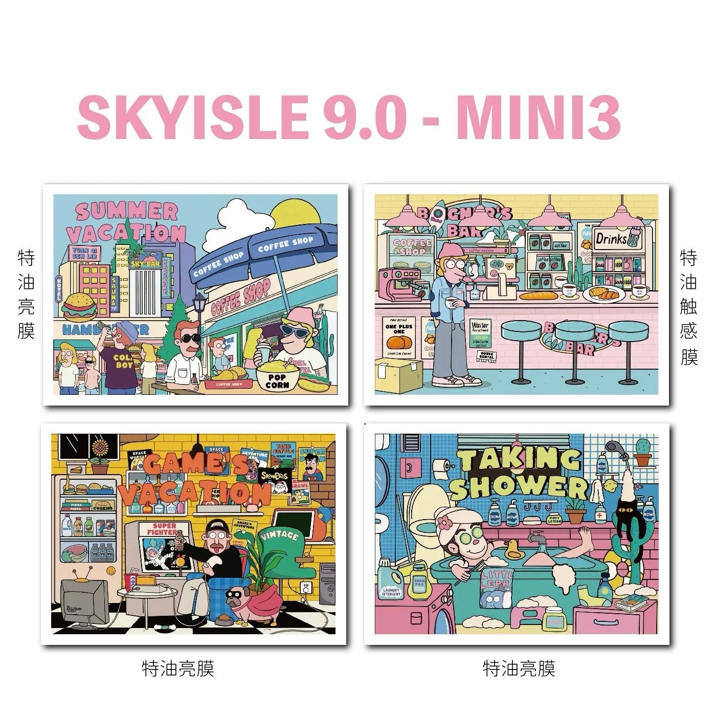 Colorful American comic-style sticker set featuring scenes at a coffee shop, diner, gaming room, and bathroom.