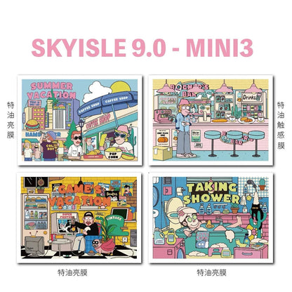 Colorful American comic-style sticker set featuring scenes at a coffee shop, diner, gaming room, and bathroom.