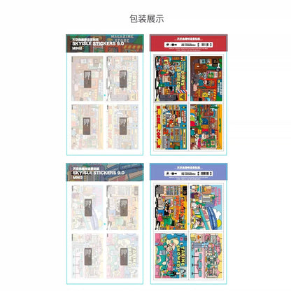 Colorful comic-style mini sticker sheets showing street scenes and shops for journaling or scrapbooking.