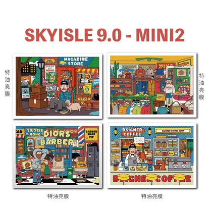 Set of four colorful mini stickers with comic-style scenes of magazine store, clothing shop, barber shop, and coffee shop for journaling or scrapbooking.