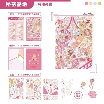 Cute scene sticker set featuring pastel bears, cozy bedroom, books, and kawaii decorations.