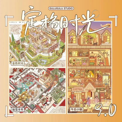 Colorful illustrated sticker sheets featuring cozy house, snowy village, and charming town scenes.