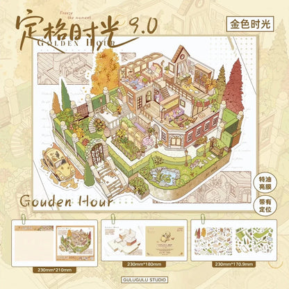 Cozy miniature house scene sticker set with garden, pond, vintage car, and detailed interior rooms.
