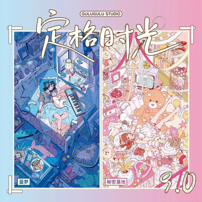 Cute anime room scenes with girl relaxing on bed, cozy decor, plushies, pastel colors, art sticker design