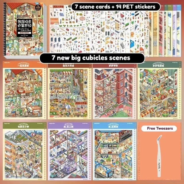 Miniature scene sticker set with 7 cubicle scene cards, 14 PET stickers, and free tweezers.