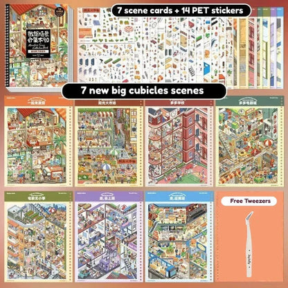 Miniature scene sticker set with 7 cubicle scene cards, 14 PET stickers, and free tweezers.