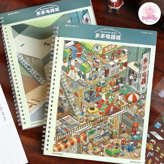 Spiral notebook with colorful miniature electronics market scene illustration on cover