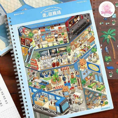 Colorful miniature shopping mall scene sticker sheet with cute characters and detailed shops.