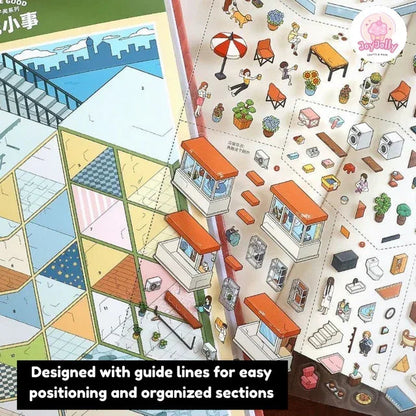 Miniature scene sticker sheets featuring cubicles, windows, furniture, plants, and decor.