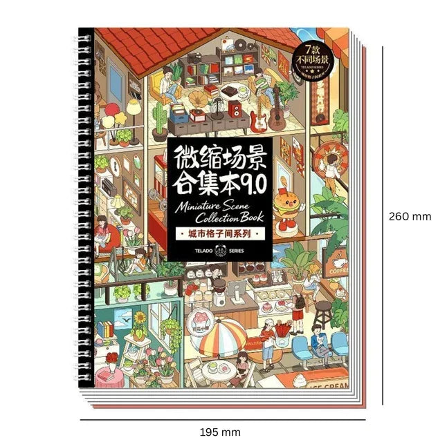 Miniature scene sticker book with colorful illustrated cozy indoor rooms, spiral bound cover