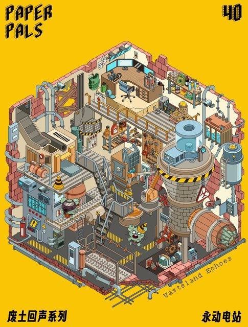 Colorful miniature factory scene sticker with machinery, pipes, control rooms, and scrap details