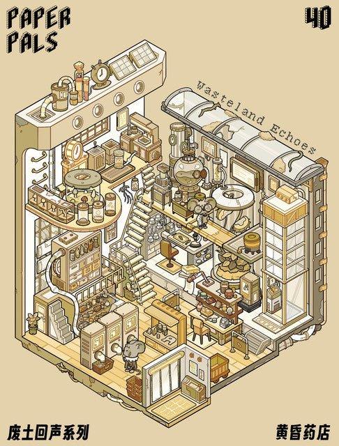 Isometric illustration of a cozy miniature apothecary with steampunk decor and intricate details.