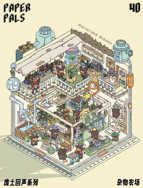 Cute illustrated miniature mechanical farm scene with robots, plants, and whimsical machinery.