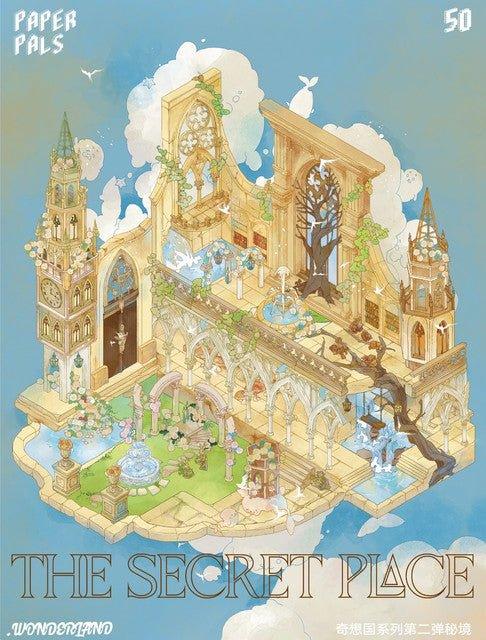 Whimsical fantasy castle scene sticker with towers, arches, fountains, and lush greenery.