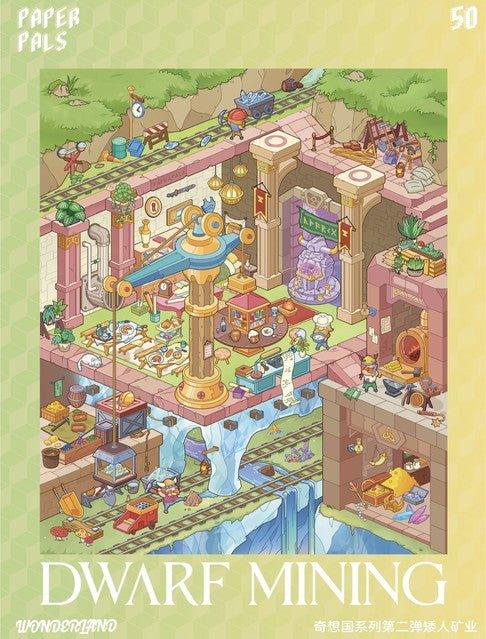 Colorful illustrated scene sticker of an underground dwarf mining castle with waterfalls and machinery.